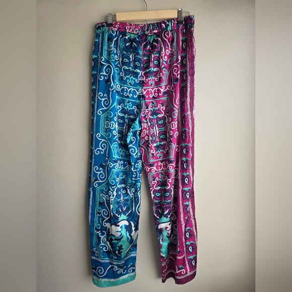Anthropologie Two-Tone Paisley Satin Pajama Set in Teal & Magenta - Picture 9 of 11